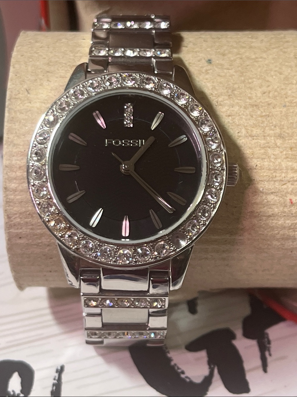 Fossil Silver Watch with Black Dial and Crystal Accents